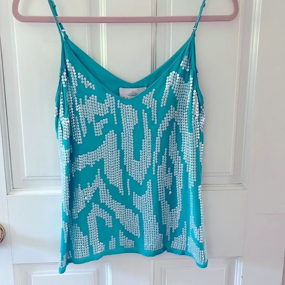 Turquoise, white sequin silk cami.